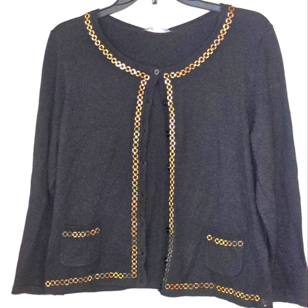 Cable & Gauge Women's Cardigan Size Large Black Sweater with Sequins NWT